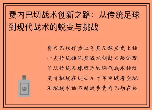费内巴切战术创新之路：从传统足球到现代战术的蜕变与挑战