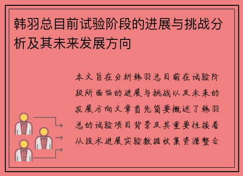 韩羽总目前试验阶段的进展与挑战分析及其未来发展方向